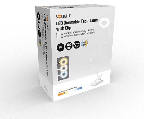 SOLIGHT LED stmívatelná stolní lampička s klipem, 300lm, nastavitelná teplota světla, USB, WO66-W