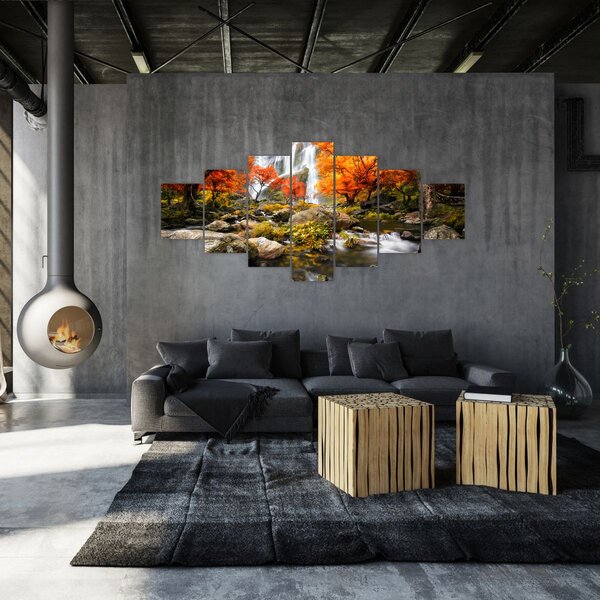 Obraz - Vodopády v podzimní krajině, oranžový (210x100 cm)