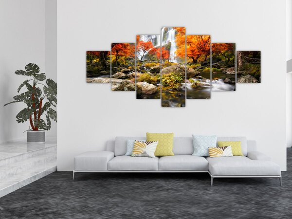 Obraz - Vodopády v podzimní krajině, oranžový (210x100 cm)