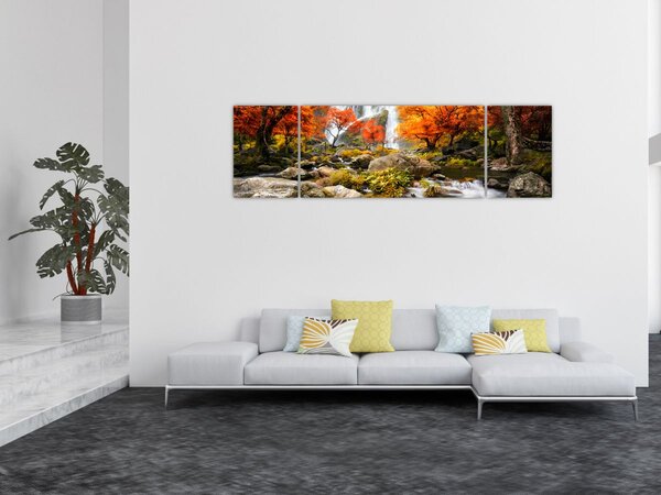 Obraz - Vodopády v podzimní krajině, oranžový (170x50 cm)
