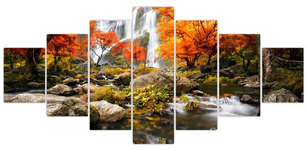 Obraz - Vodopády v podzimní krajině, oranžový (210x100 cm)