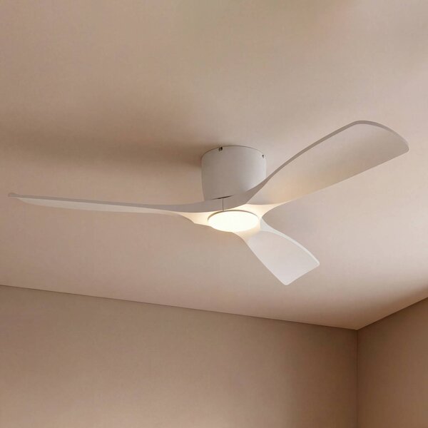 Lucande Smart LED stropní ventilátor Moneno, bílý, DC, Tuya, stmívatelný, Bílá / opál, Obývací pokoj / jídelna, kov, Moderní
