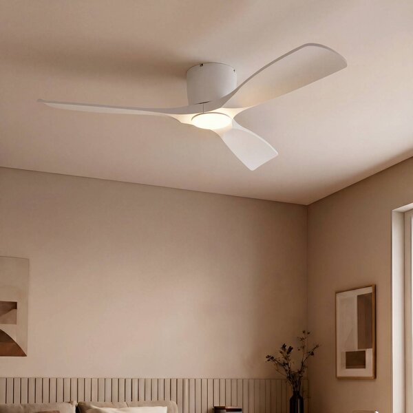 Lucande Smart LED stropní ventilátor Moneno, bílý, DC, Tuya, stmívatelný, Bílá / opál, Obývací pokoj / jídelna, kov, Moderní