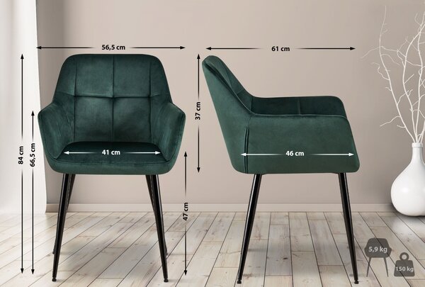 Jídelní židle Emia (SET 2 ks) - samet, kovové nohy černé - Zelená
