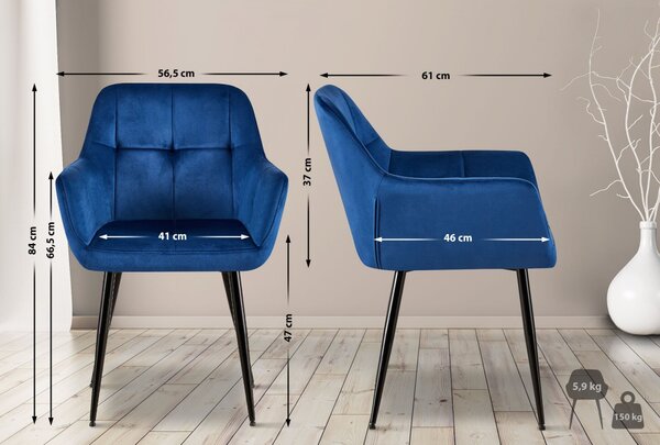 Jídelní židle Emia (SET 2 ks) - samet, kovové nohy černé - Modrá