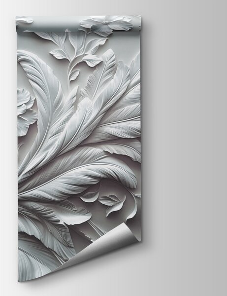 Fototapeta Bílá zeď s květinami a listy, 3D květinové fototapety, Populární fototapety, w01356v2 - Tapeko.co.cz
