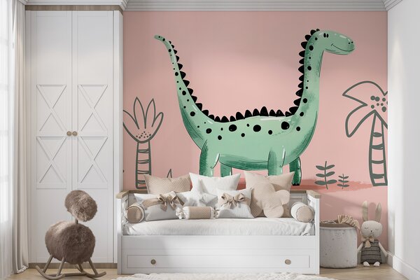 Fototapeta Kreslený dinosaurus s rostlinami a listy, Fototapety s dinosaury, Populární fototapety, w01357 - Tapeko.co.cz
