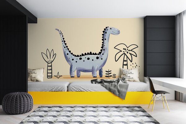 Fototapeta Kreslený dinosaurus s rostlinami a květinami, Fototapety s dinosaury, Populární fototapety, w01357v2 - Tapeko.co.cz