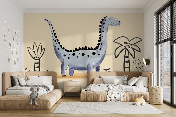 Fototapeta Kreslený dinosaurus s rostlinami a květinami, Fototapety s dinosaury, Populární fototapety, w01357v2 - Tapeko.co.cz