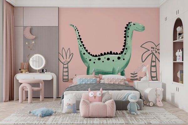 Fototapeta Kreslený dinosaurus s rostlinami a listy, Fototapety s dinosaury, Populární fototapety, w01357 - Tapeko.co.cz