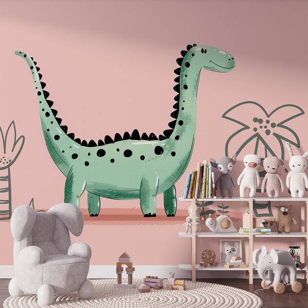 Fototapeta Kreslený dinosaurus s rostlinami a listy, Fototapety s dinosaury, Populární fototapety, w01357 - Tapeko.co.cz