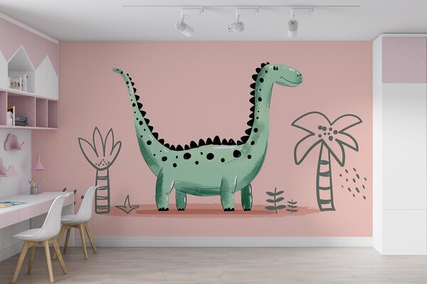 Fototapeta Kreslený dinosaurus s rostlinami a listy, Fototapety s dinosaury, Populární fototapety, w01357 - Tapeko.co.cz