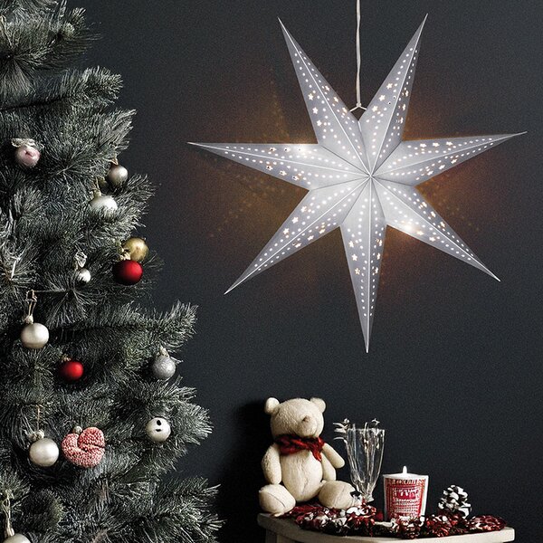 SOLIGHT LED vánoční závěsná hvězda stříbrná, časovač, 60cm, 20x LED, 2x AA