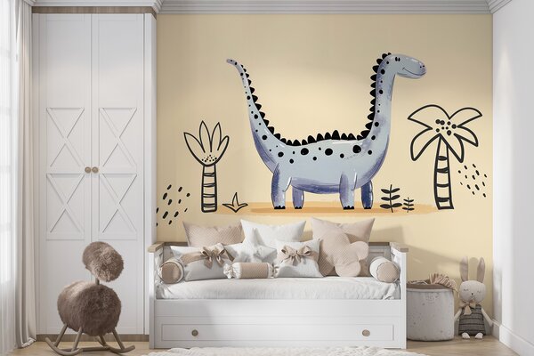 Fototapeta Kreslený dinosaurus s rostlinami a květinami, Fototapety s dinosaury, Populární fototapety, w01357v2 - Tapeko.co.cz