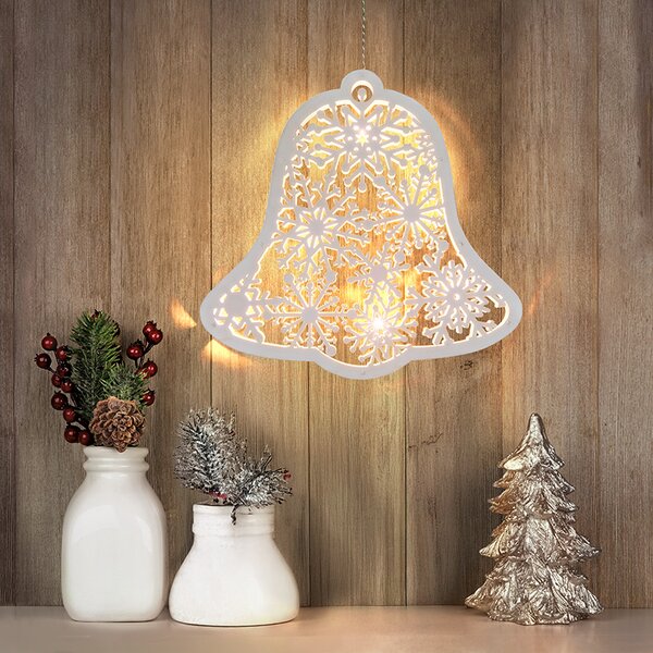 SOLIGHT LED dřevěný vánoční zvoneček, 9x LED, bílá, 30cm, časovač, 2x AA
