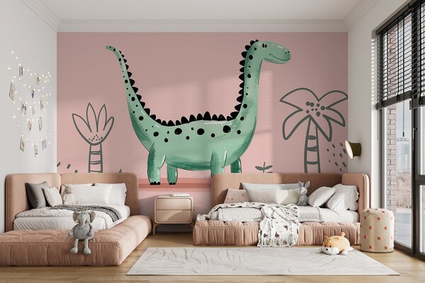 Fototapeta Kreslený dinosaurus s rostlinami a listy, Fototapety s dinosaury, Populární fototapety, w01357 - Tapeko.co.cz