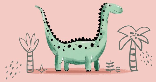 Fototapeta Kreslený dinosaurus s rostlinami a listy, Fototapety s dinosaury, Populární fototapety, w01357 - Tapeko.co.cz