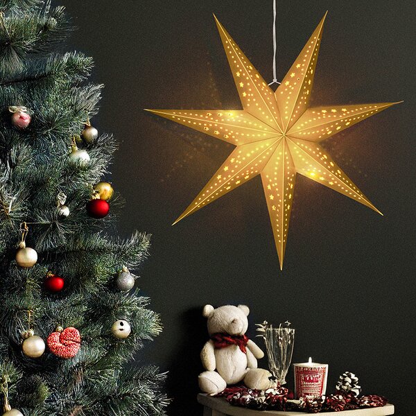 SOLIGHT LED vánoční závěsná hvězda zlatá, časovač, 60cm, 20x LED, 2x AA