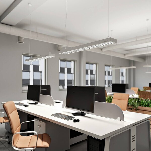 Arcchio Susi LED kancelářská závěsná lampa, stříbrná, 120 cm, 4000K, DALI, stmívatelný, Hliník / šedá / zinek, Pracovna / kancelář, Hliník, Moderní