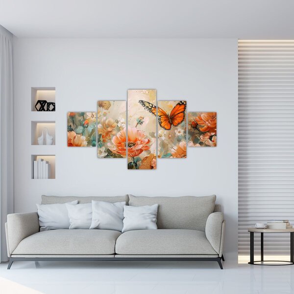 Obraz - Motýl a květy, olejomalba (125x70 cm)