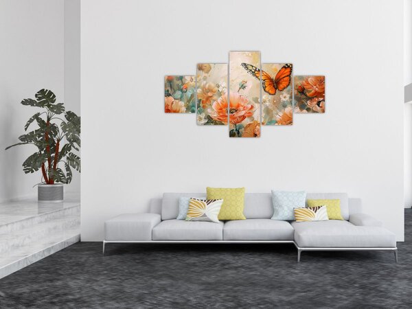Obraz - Motýl a květy, olejomalba (125x70 cm)
