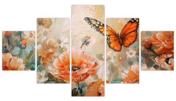 Obraz - Motýl a květy, olejomalba (125x70 cm)