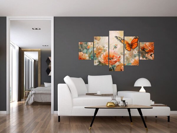 Obraz - Motýl a květy, olejomalba (125x70 cm)