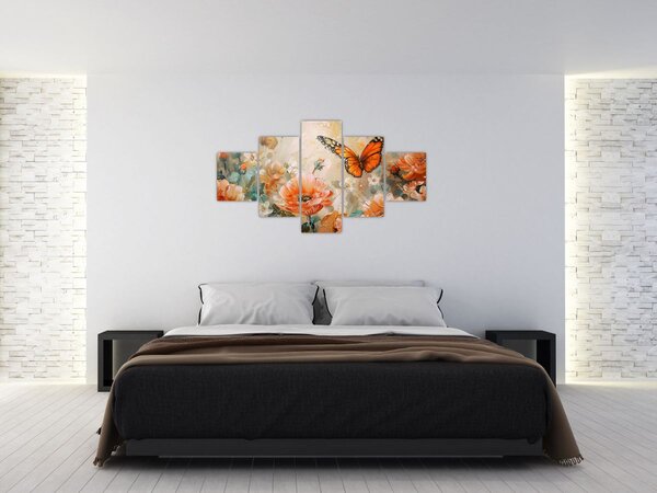 Obraz - Motýl a květy, olejomalba (125x70 cm)