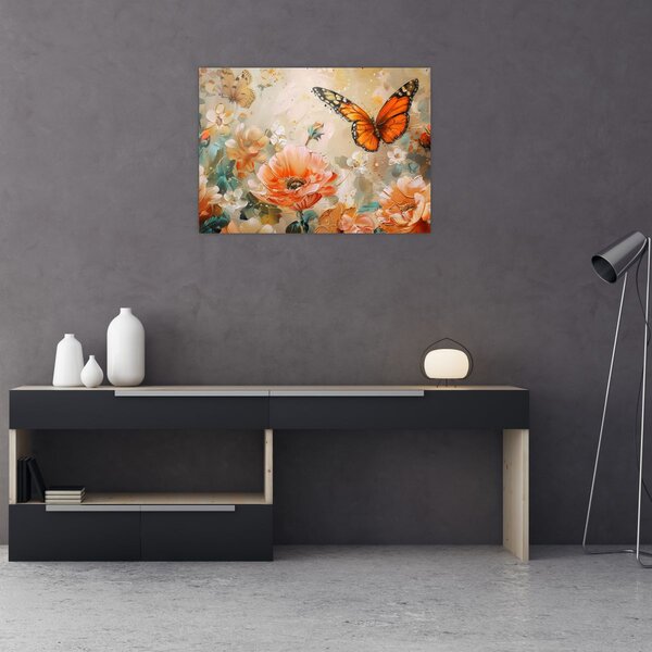 Obraz - Motýl a květy, olejomalba (70x50 cm)