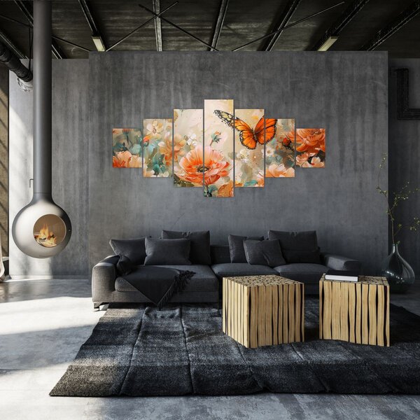 Obraz - Motýl a květy, olejomalba (210x100 cm)