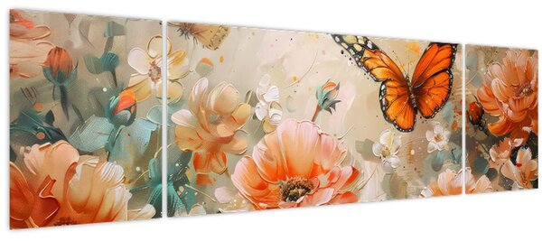 Obraz - Motýl a květy, olejomalba (170x50 cm)