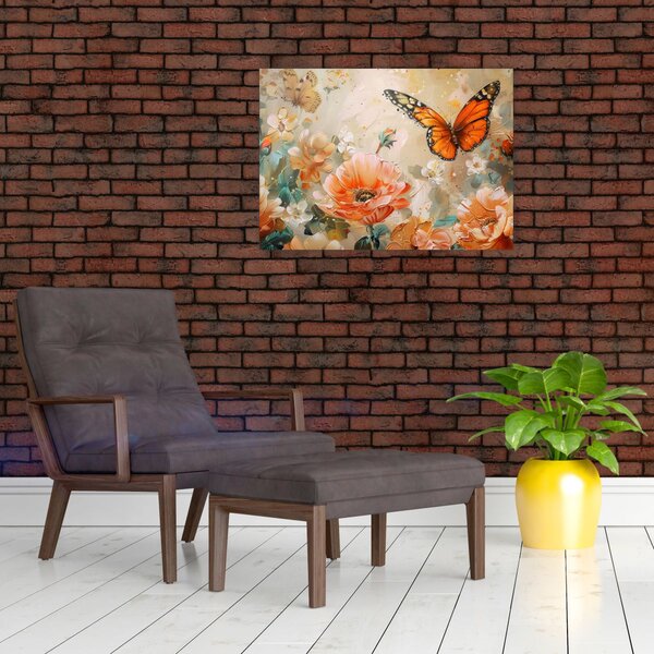 Obraz - Motýl a květy, olejomalba (70x50 cm)