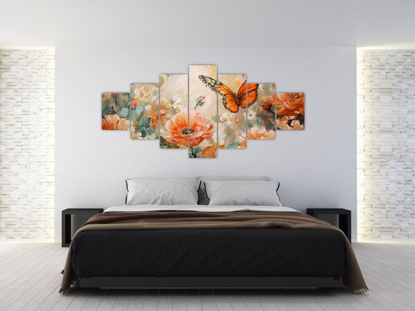 Obraz - Motýl a květy, olejomalba (210x100 cm)