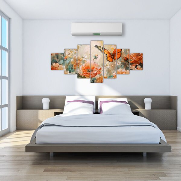 Obraz - Motýl a květy, olejomalba (210x100 cm)