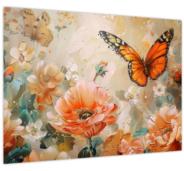 Obraz - Motýl a květy, olejomalba (70x50 cm)