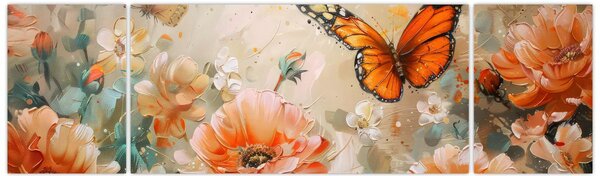 Obraz - Motýl a květy, olejomalba (170x50 cm)