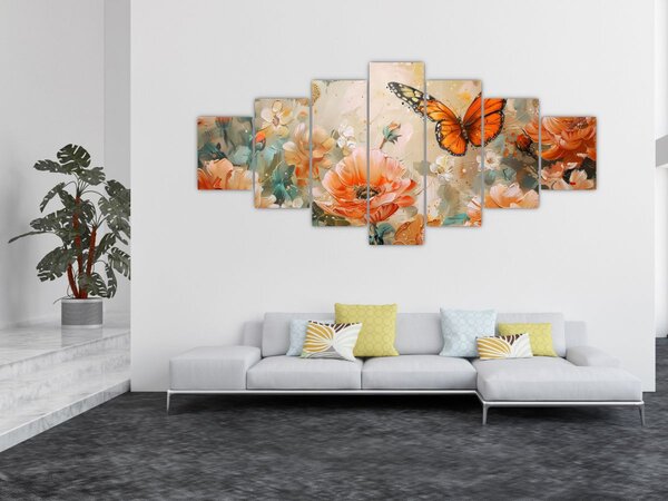 Obraz - Motýl a květy, olejomalba (210x100 cm)