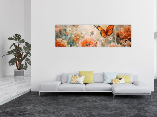 Obraz - Motýl a květy, olejomalba (170x50 cm)