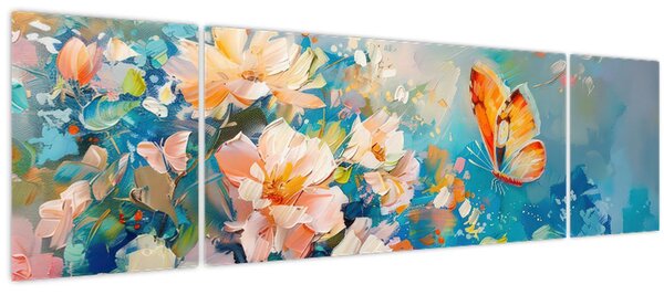 Obraz - Motýl a květy, olejomalba II. (170x50 cm)