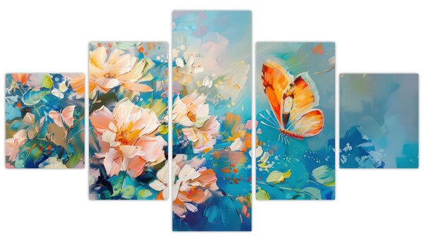 Obraz - Motýl a květy, olejomalba II. (125x70 cm)