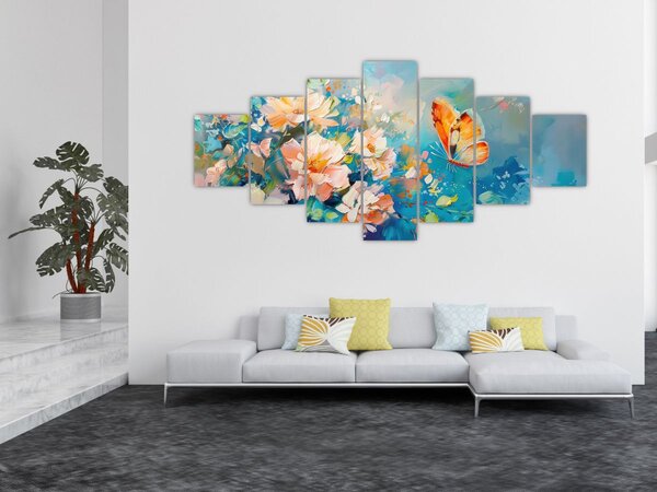 Obraz - Motýl a květy, olejomalba II. (210x100 cm)