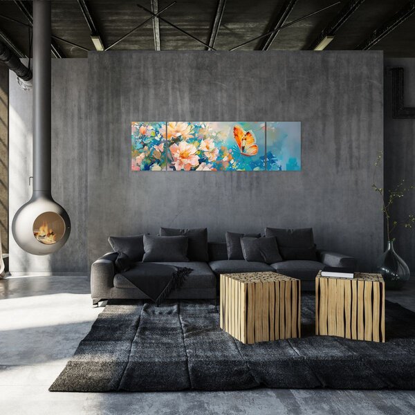 Obraz - Motýl a květy, olejomalba II. (170x50 cm)