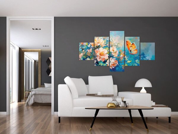 Obraz - Motýl a květy, olejomalba II. (125x70 cm)