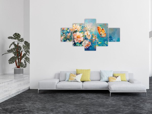 Obraz - Motýl a květy, olejomalba II. (125x70 cm)