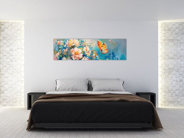 Obraz - Motýl a květy, olejomalba II. (170x50 cm)