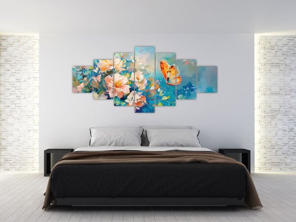 Obraz - Motýl a květy, olejomalba II. (210x100 cm)