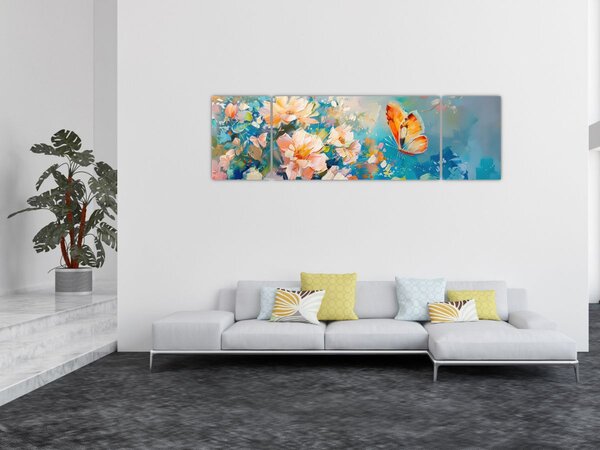 Obraz - Motýl a květy, olejomalba II. (170x50 cm)