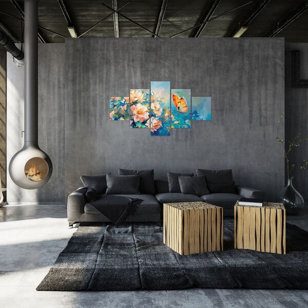 Obraz - Motýl a květy, olejomalba II. (125x70 cm)