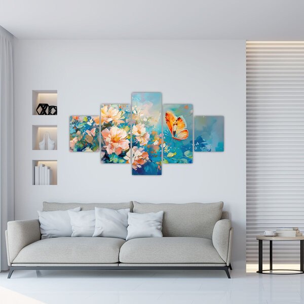 Obraz - Motýl a květy, olejomalba II. (125x70 cm)