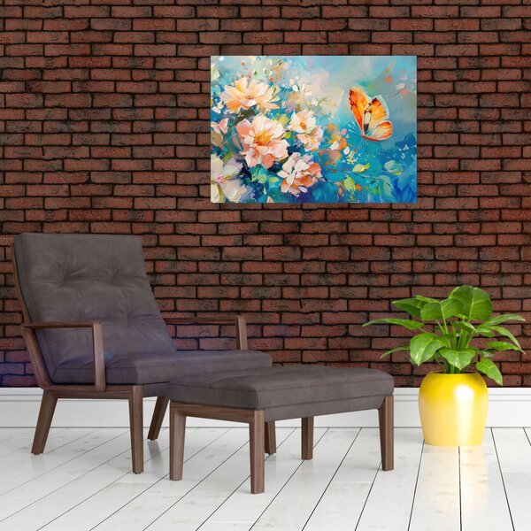 Obraz - Motýl a květy, olejomalba II. (70x50 cm)